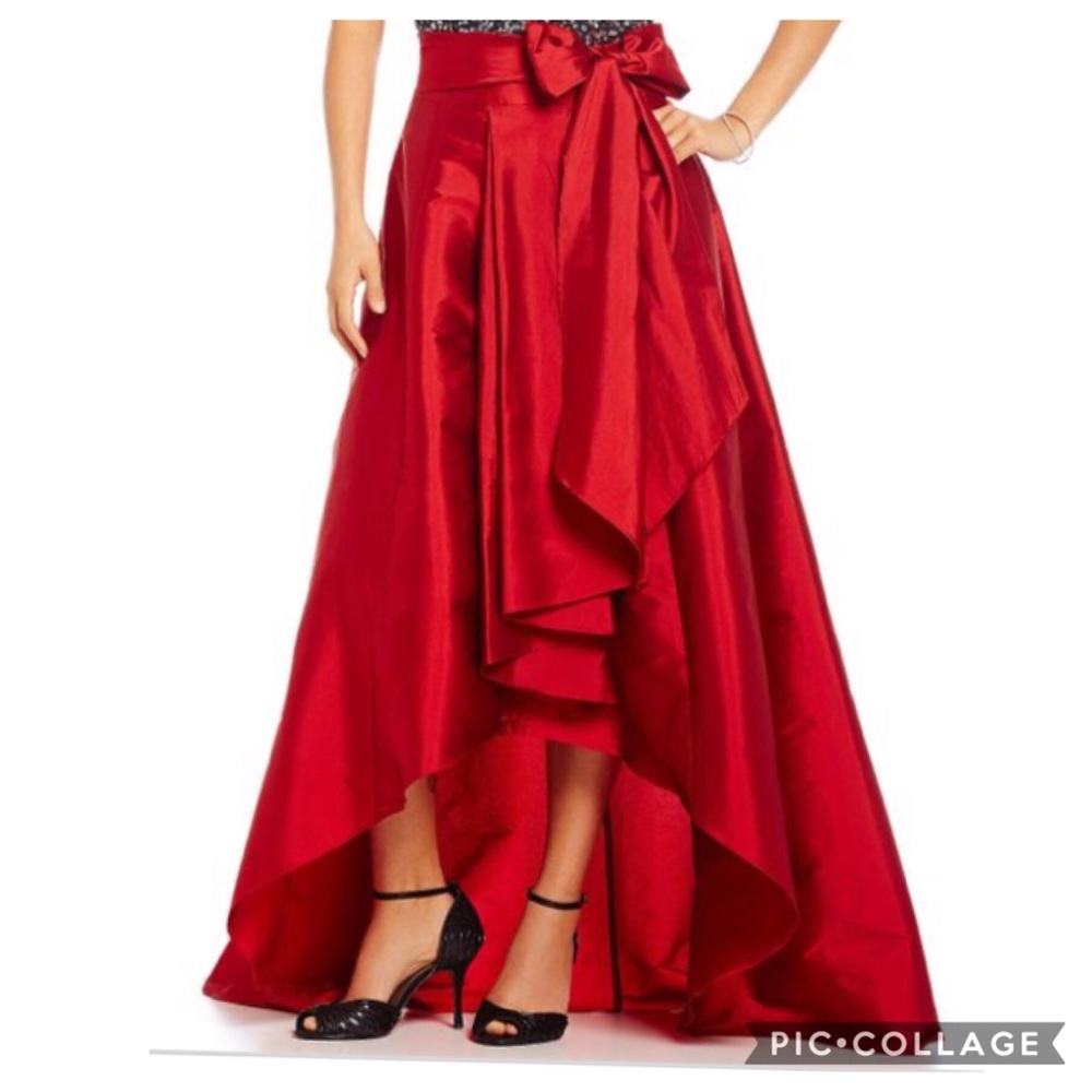 Adrianna Papell Red High-Low Satin Skirt with Bow